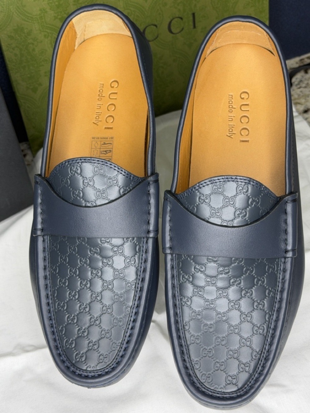 GUCCI Navy GG Microguccissima Leather Driver Loafer Size IT 6 Box Made Italy New - Picture 3 of 12